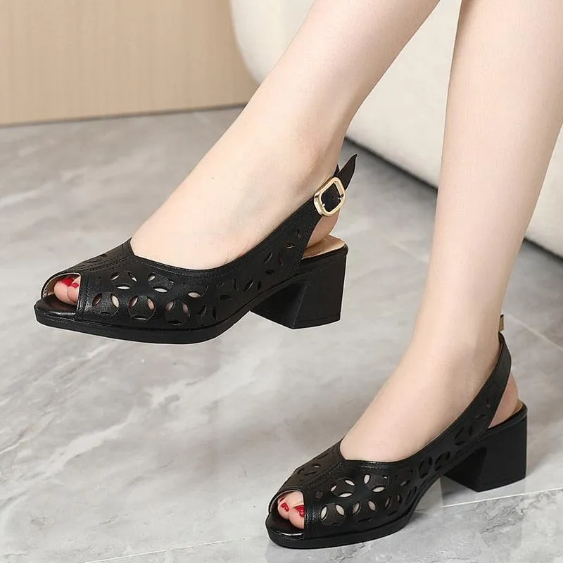 GX347 Women's Casual Shoes: Hollow High Heel Leather Sandals