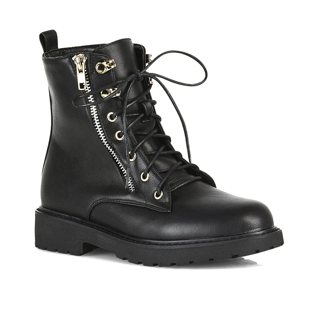 Halsey Flat Zip up Detail Chunky Sole Lace up Biker Ankle Boots In Black Patent