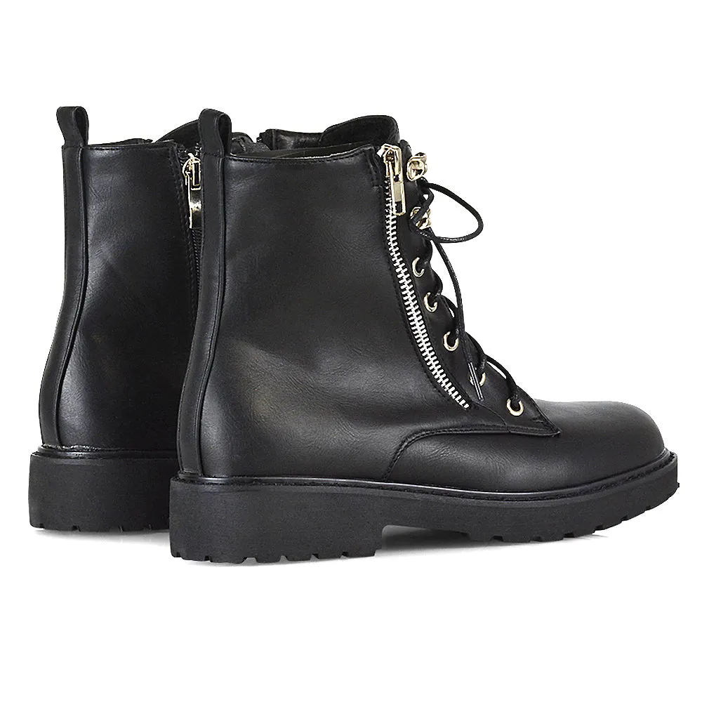 Halsey Flat Zip up Detail Chunky Sole Lace up Biker Ankle Boots In Black Patent