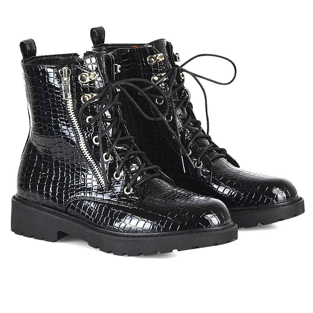 Halsey Flat Zip up Detail Chunky Sole Lace up Biker Ankle Boots In Black Patent