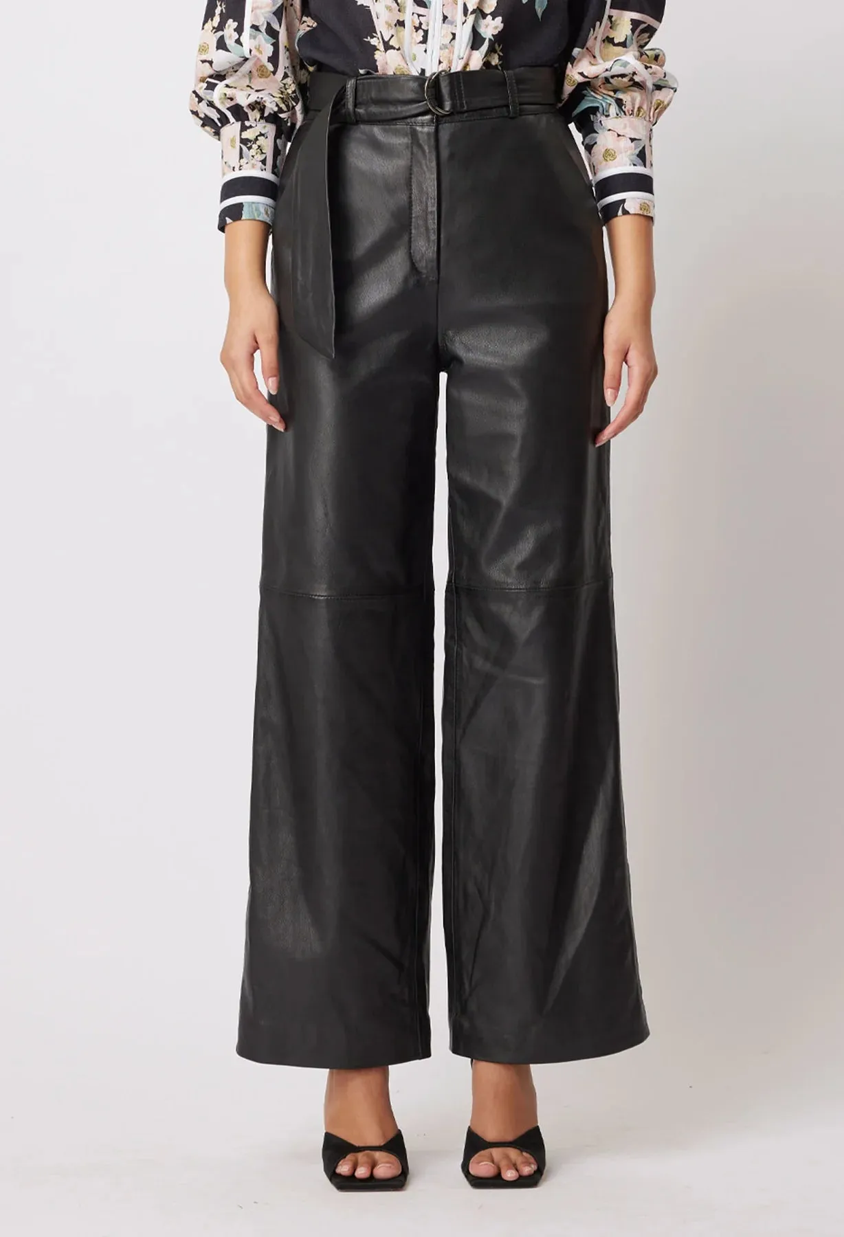 HALSTON LEATHER WIDE LEG PANT | Black