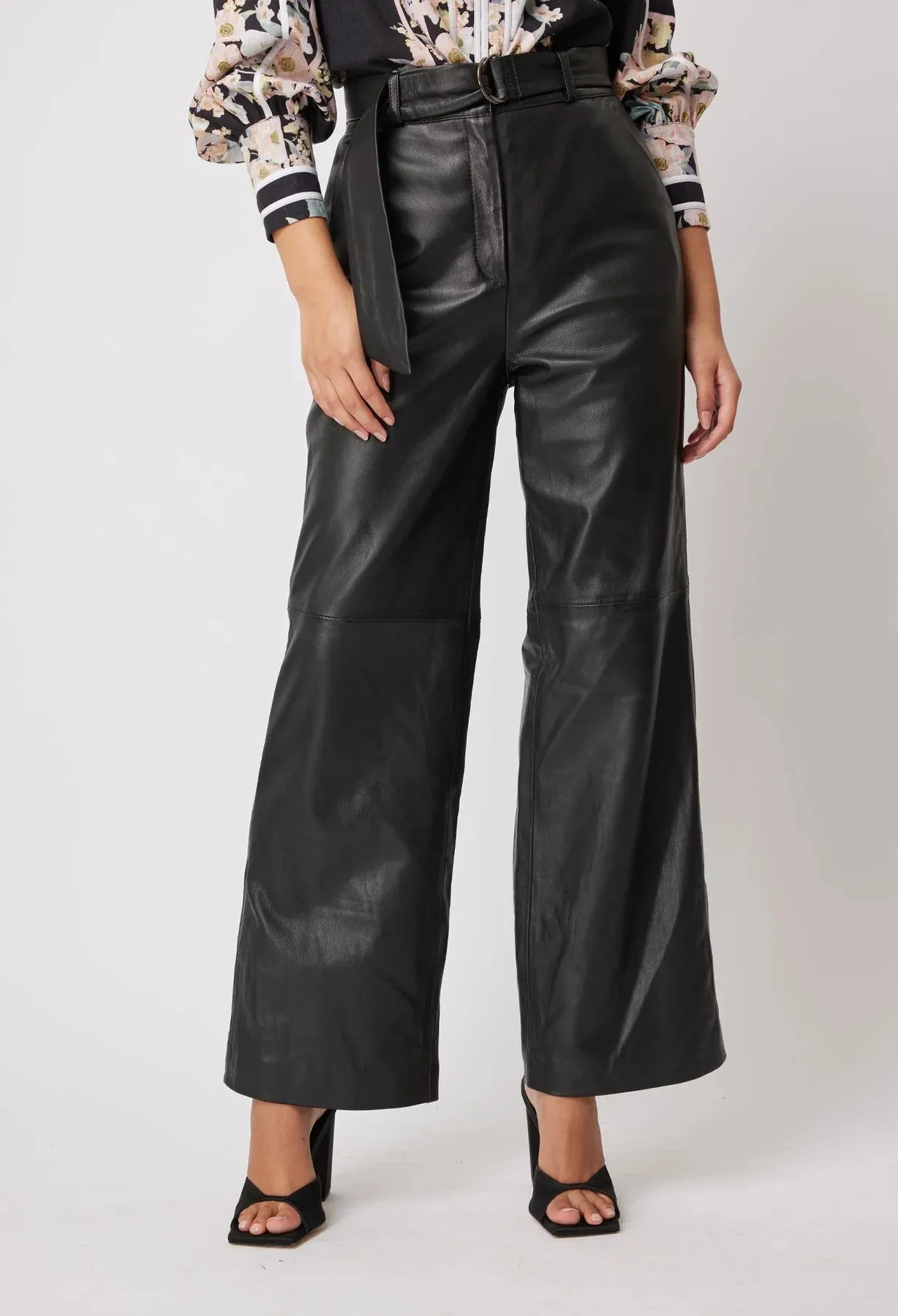 HALSTON LEATHER WIDE LEG PANT | Black