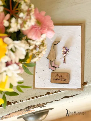 Happy Mother's Day - Duck with Flowers - Mother's Day Card - Decorated Wooden Duck in Boots by Mrs H the Duck Lady