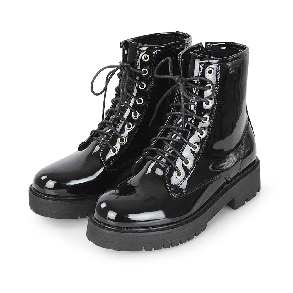 Hermoine Flat Chunky Low Block Heel Ankle Lace up Biker Boots in Black PU