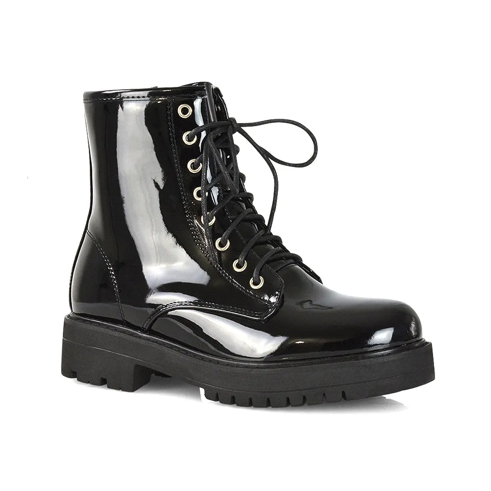 Hermoine Flat Chunky Low Block Heel Ankle Lace up Biker Boots in Black PU