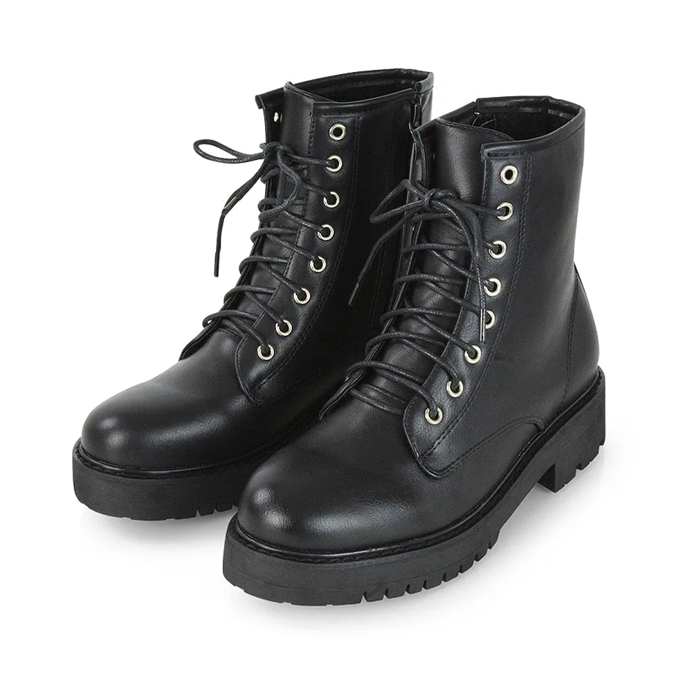 Hermoine Flat Chunky Low Block Heel Ankle Lace up Biker Boots in Black PU