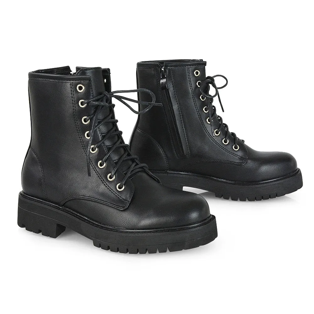 Hermoine Flat Chunky Low Block Heel Ankle Lace up Biker Boots in Black PU