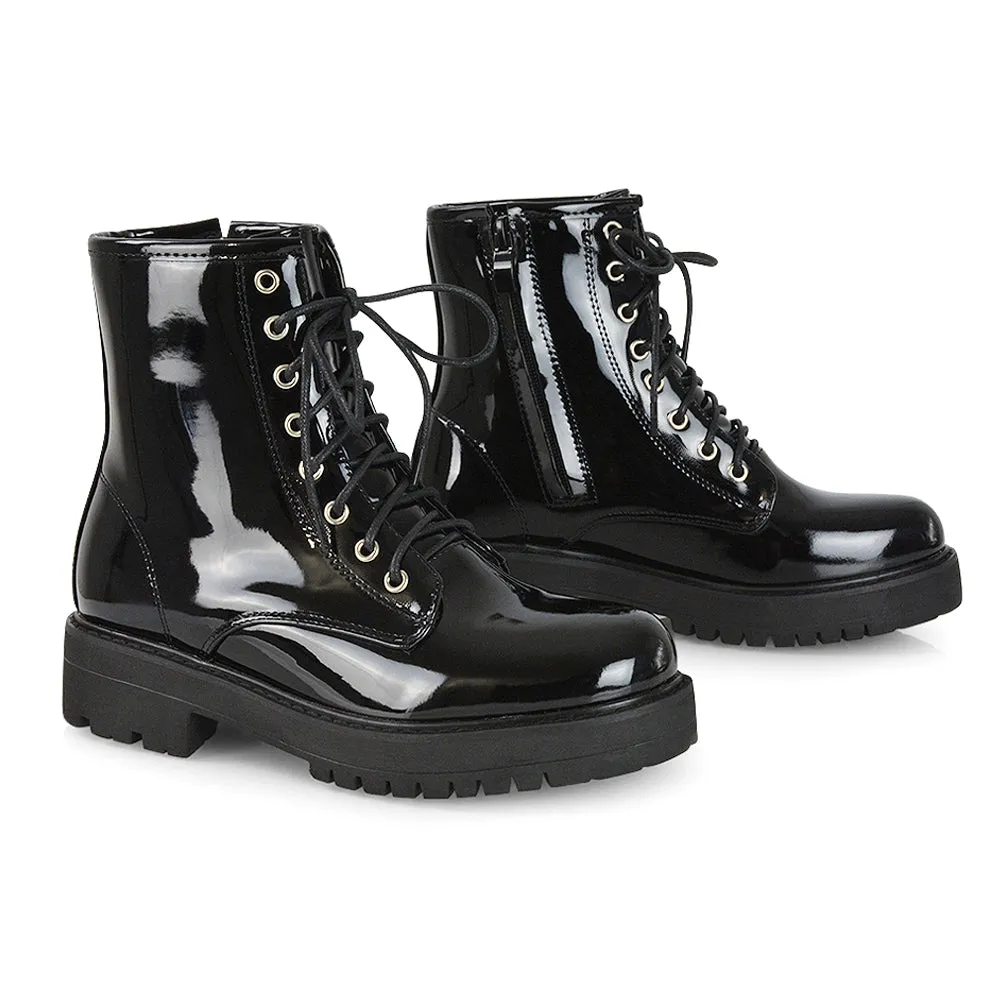 Hermoine Flat Chunky Low Block Heel Ankle Lace up Biker Boots in Black PU