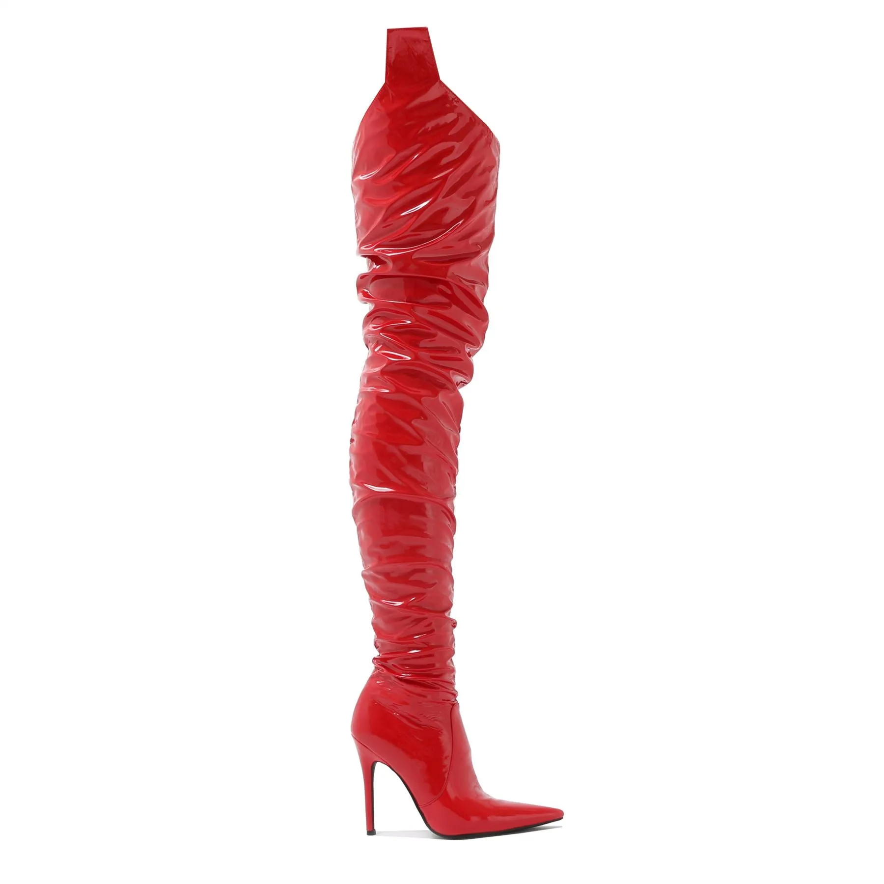 Houdini Extreme Thigh High Vinyl Boots in Red Patent