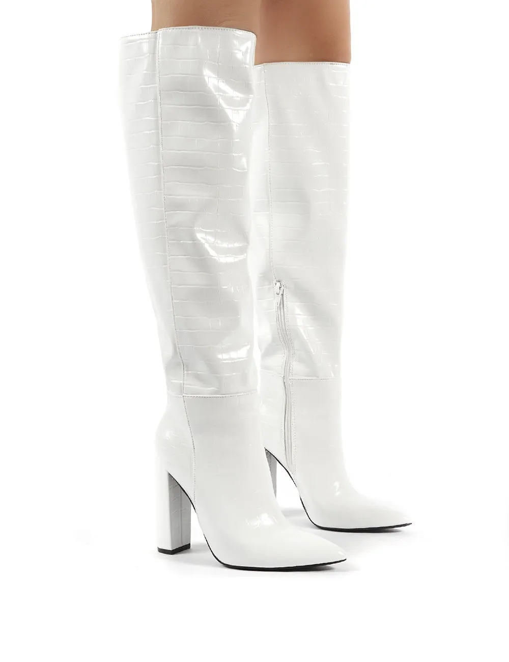 Indigo White Croc Block Heeled Knee High Boots