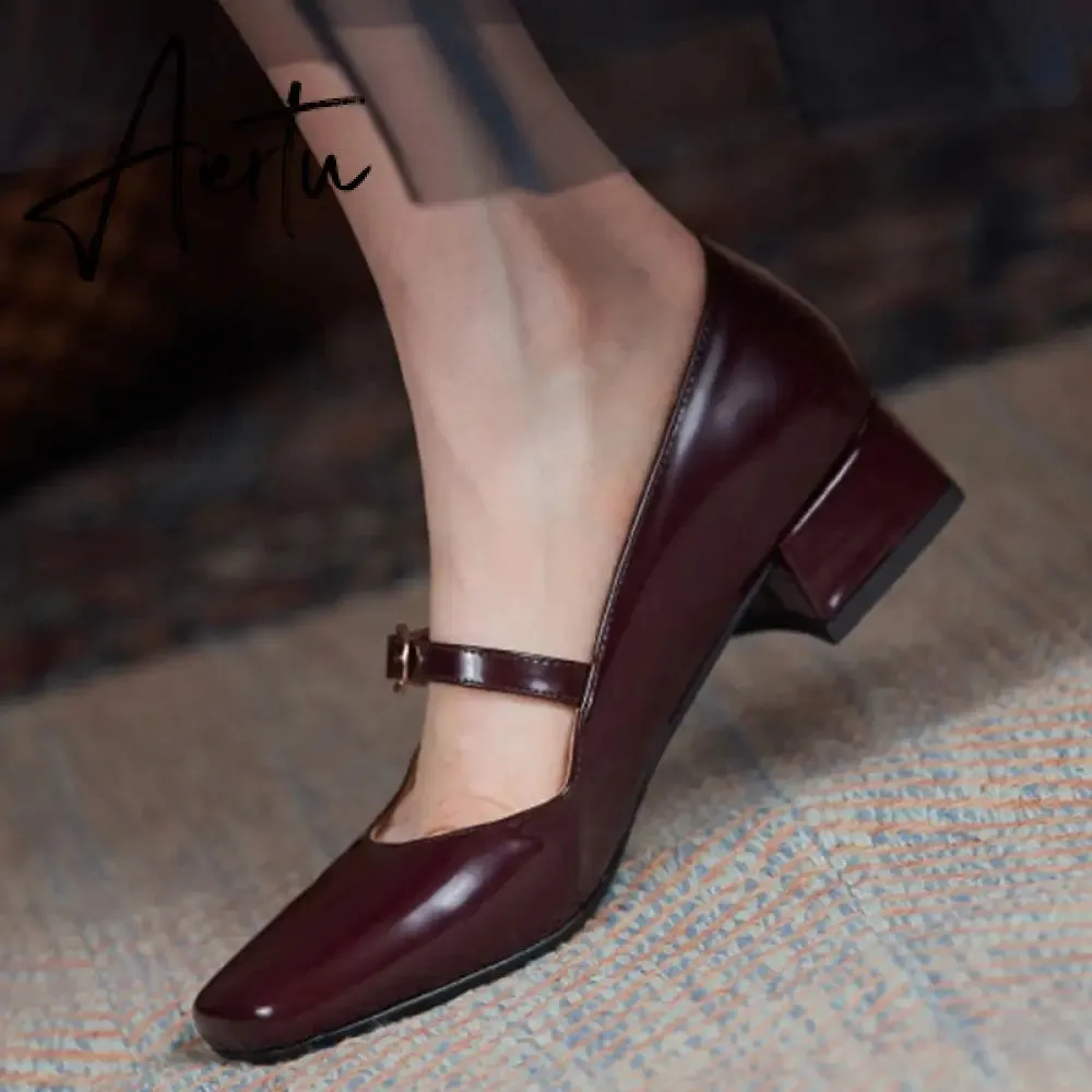 INS HOT Women pumps Genuine Leather shoes plus size 22-26.5cm Cow split leather Square toe buckle Mary Jane shoes 2 colors