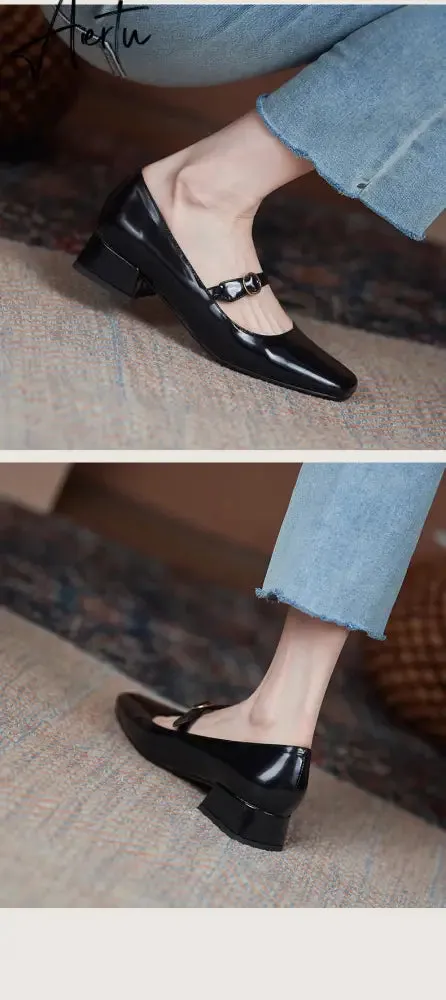 INS HOT Women pumps Genuine Leather shoes plus size 22-26.5cm Cow split leather Square toe buckle Mary Jane shoes 2 colors