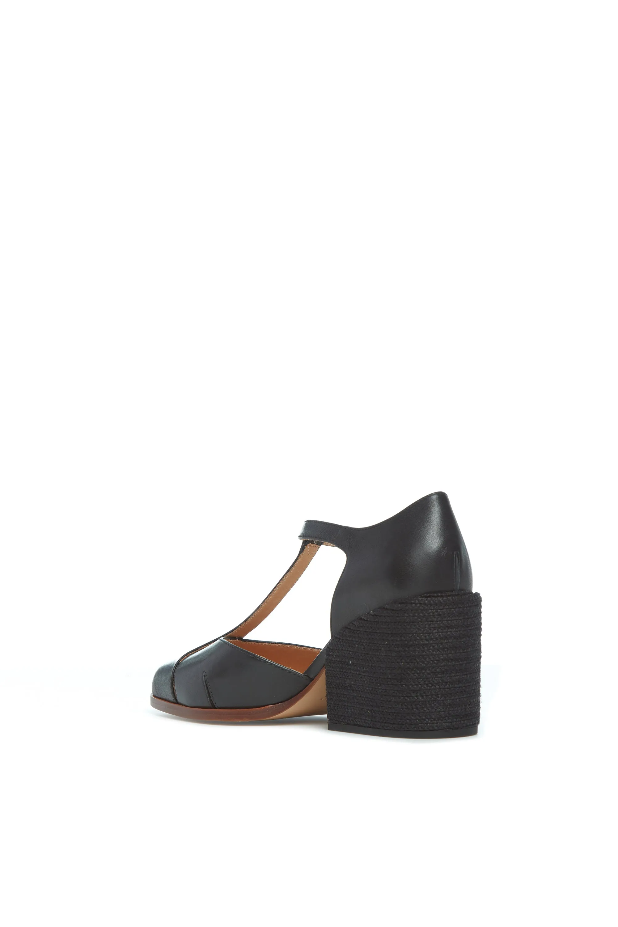 Ivy T-Strap Heel in Black Leather