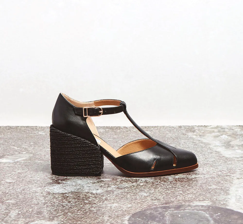 Ivy T-Strap Heel in Black Leather