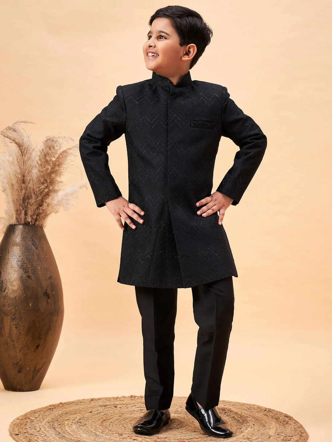 Jashvi Boy's Black Glitter Indo Western Sherwani Set