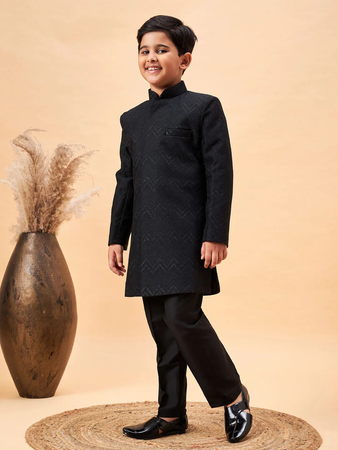 Jashvi Boy's Black Glitter Indo Western Sherwani Set