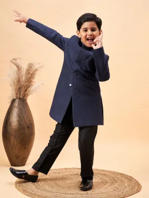 Jashvi Boy's Navy Blue Glitter Indo Western Sherwani Set