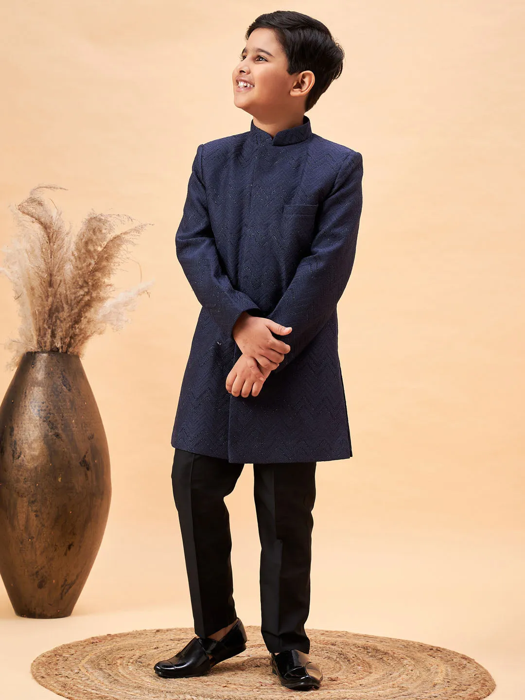 Jashvi Boy's Navy Blue Glitter Indo Western Sherwani Set