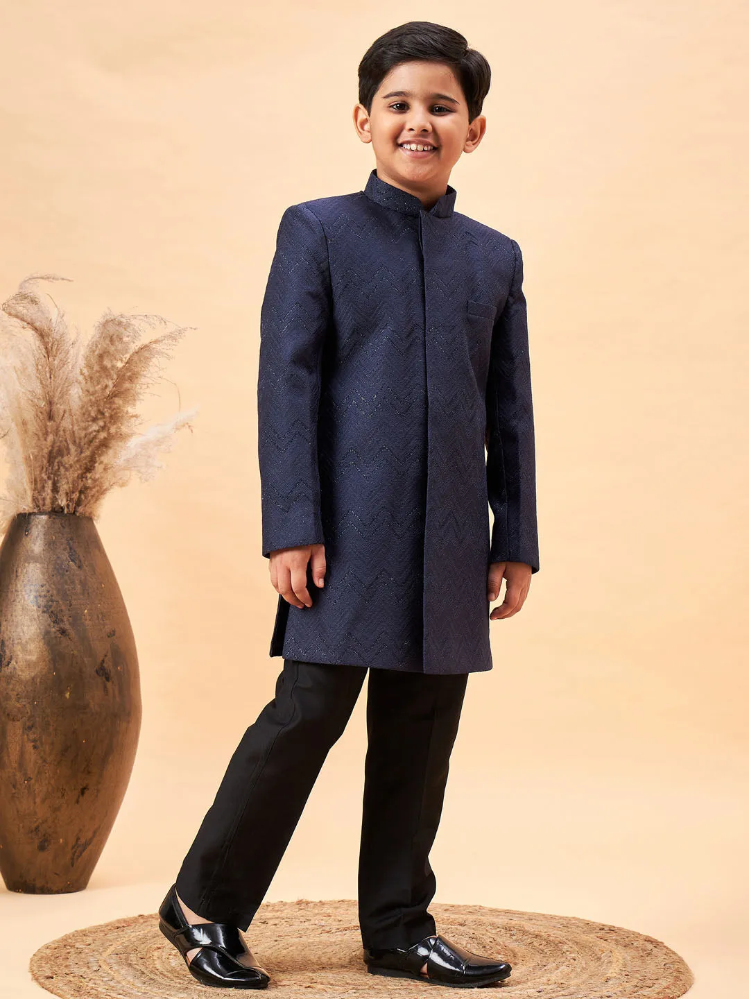 Jashvi Boy's Navy Blue Glitter Indo Western Sherwani Set