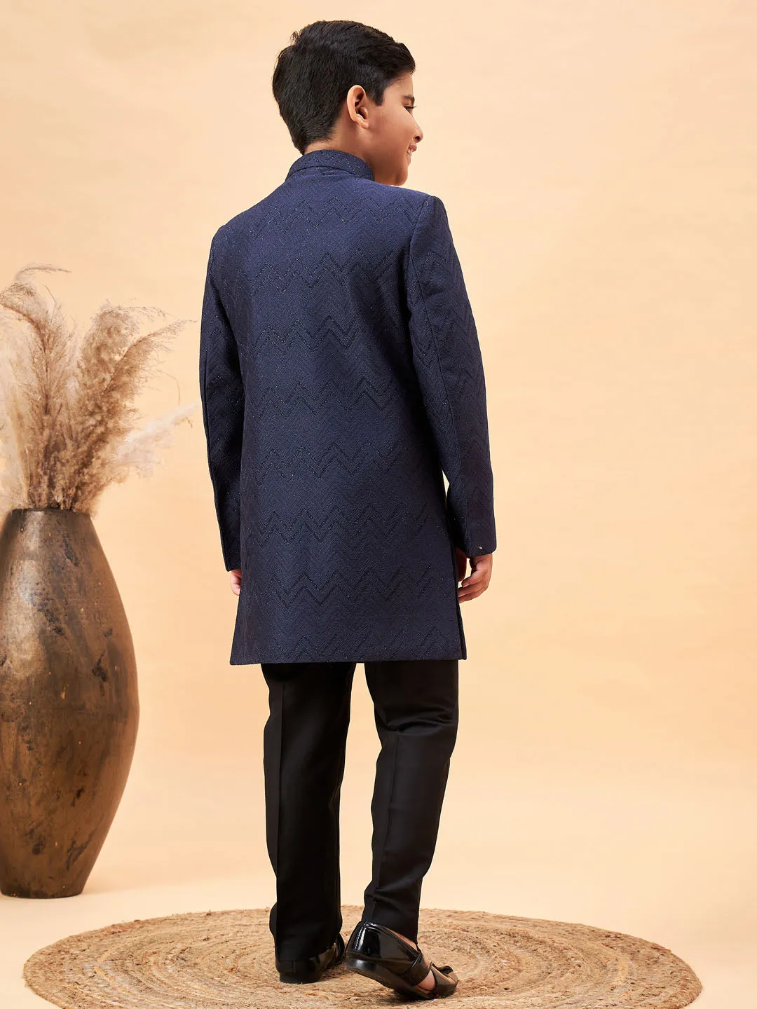 Jashvi Boy's Navy Blue Glitter Indo Western Sherwani Set