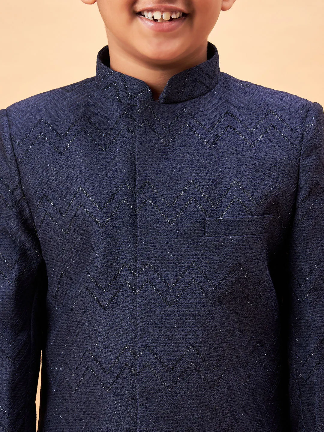 Jashvi Boy's Navy Blue Glitter Indo Western Sherwani Set