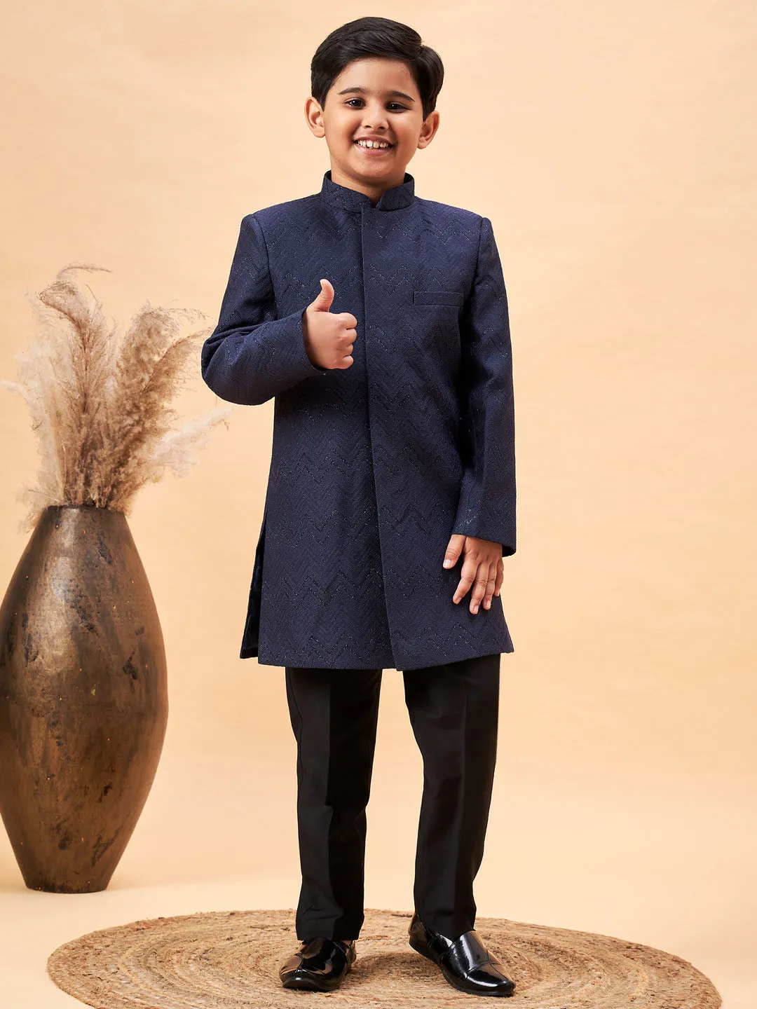 Jashvi Boy's Navy Blue Glitter Indo Western Sherwani Set