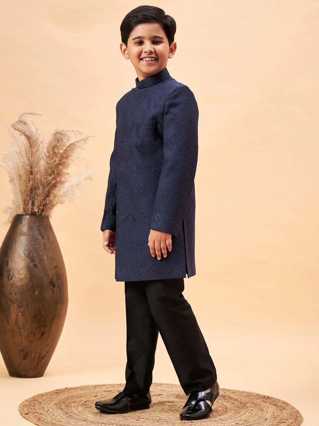 Jashvi Boy's Navy Blue Glitter Indo Western Sherwani Set