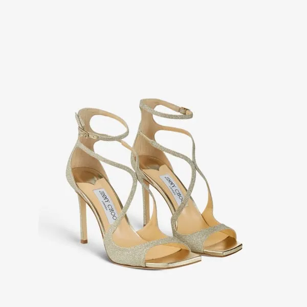 Jimmy Choo Azia 95 Strappy Glitter Heel Sandal in Platinum Ice