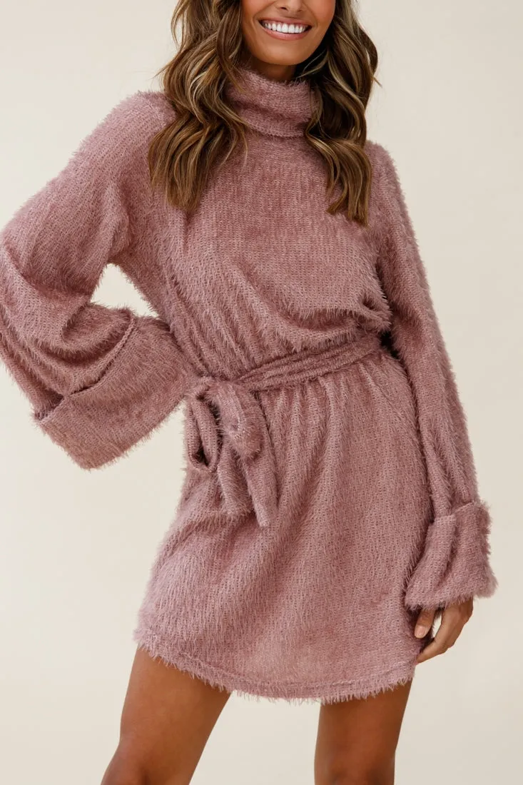 Kiara High Neck Kimono Sleeve Knit Dress Blush