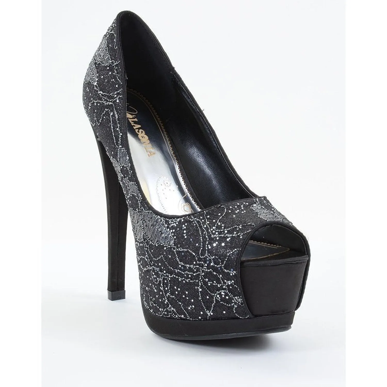 Lace Overlay Glitter Peep Toe Stiletto Platform Pump