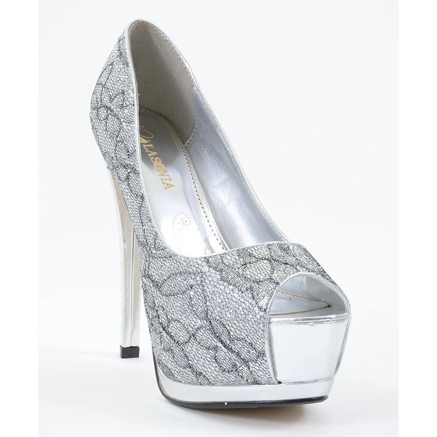 Lace Overlay Glitter Peep Toe Stiletto Platform Pump