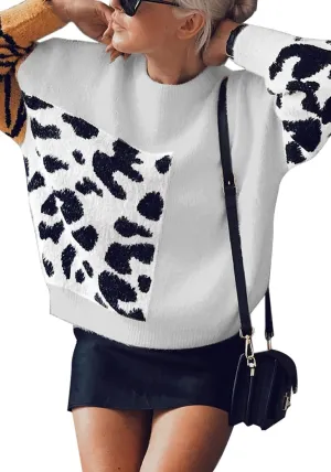 Light Grey Animal-Print Colorblock Batwing Sleeves Sweater