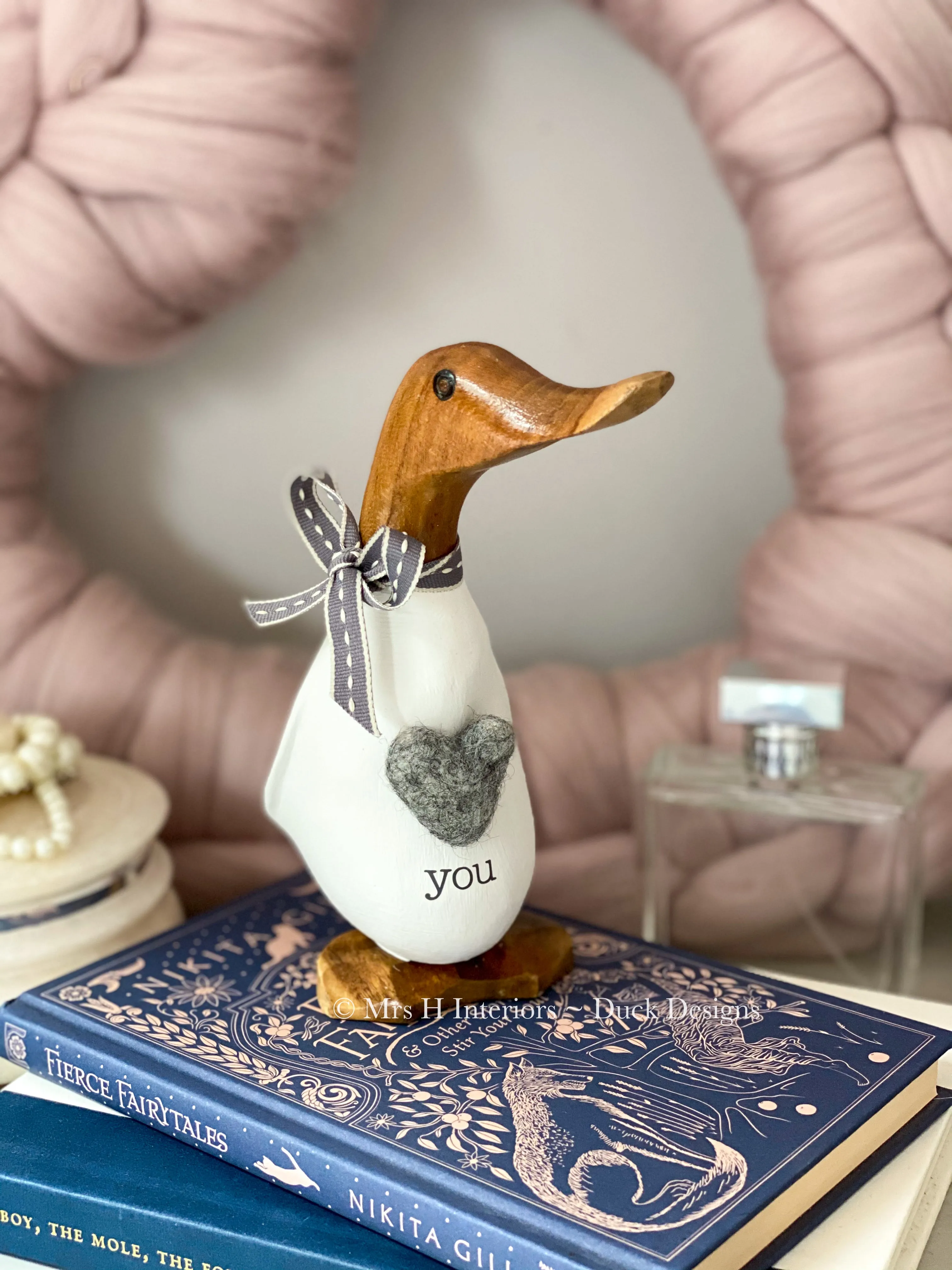 Love you - Decorated Wooden Duck in Boots by Mrs H the Duck Lady