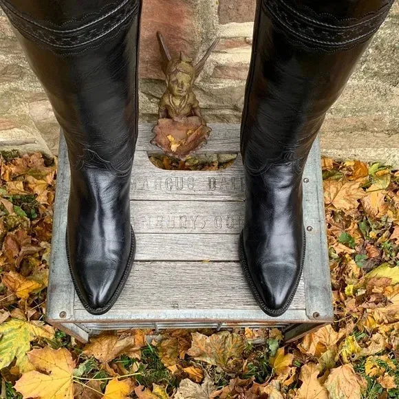 LUCCHESE Classics Handmade Black Leather Tall Knee High Cowgirl Western Boots