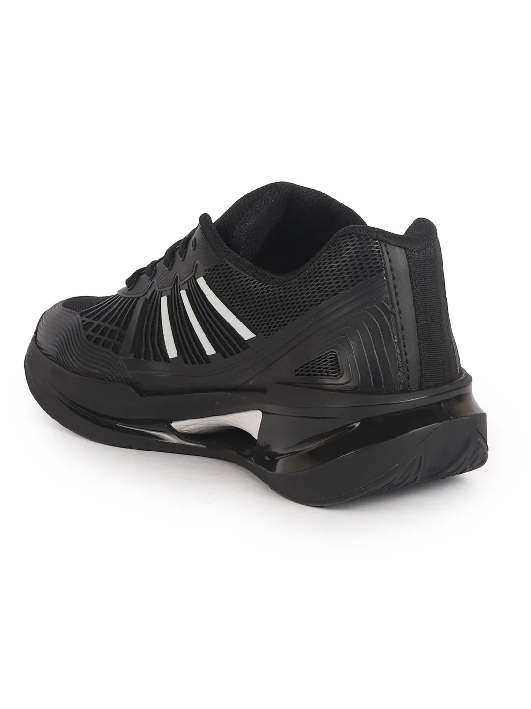 Men Black Breathable Sport Shoes|KPU Upper and Anti-Skid Bounce Back Phylon Sole|Athleisure Running Shoes|Lace Up Walking Shoes|Gym Shoes