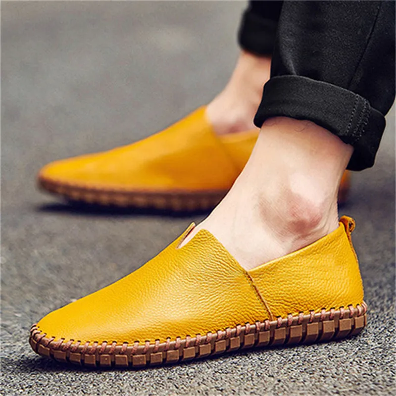 Men's Simple Pure Color Stitches Breathable Genuine Leather Shoes