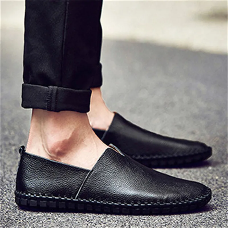 Men's Simple Pure Color Stitches Breathable Genuine Leather Shoes