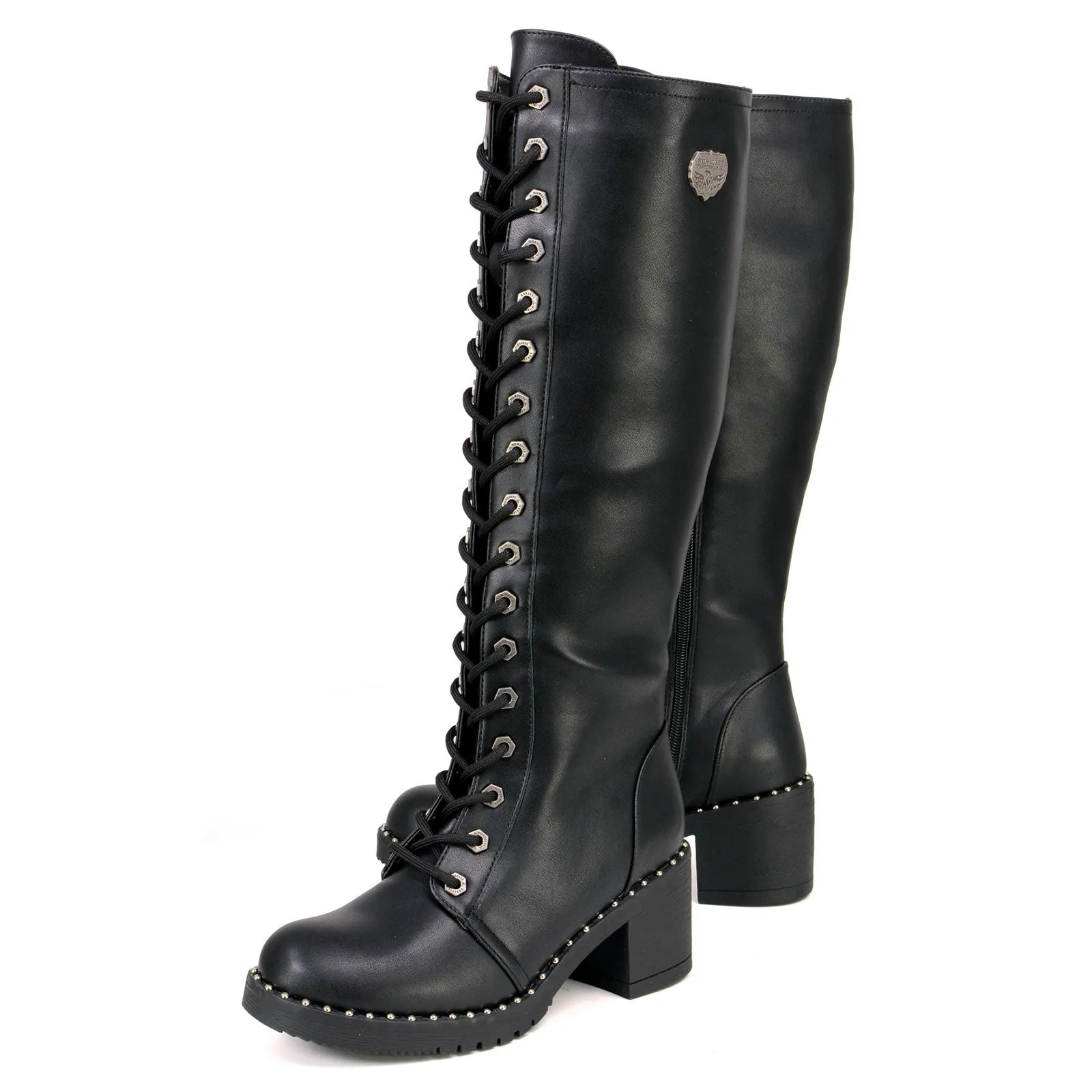 Milwaukee Leather MBL9442 Women's Black Lace-Up Tall Biker Fashion Boots with Platform Heel & Studs