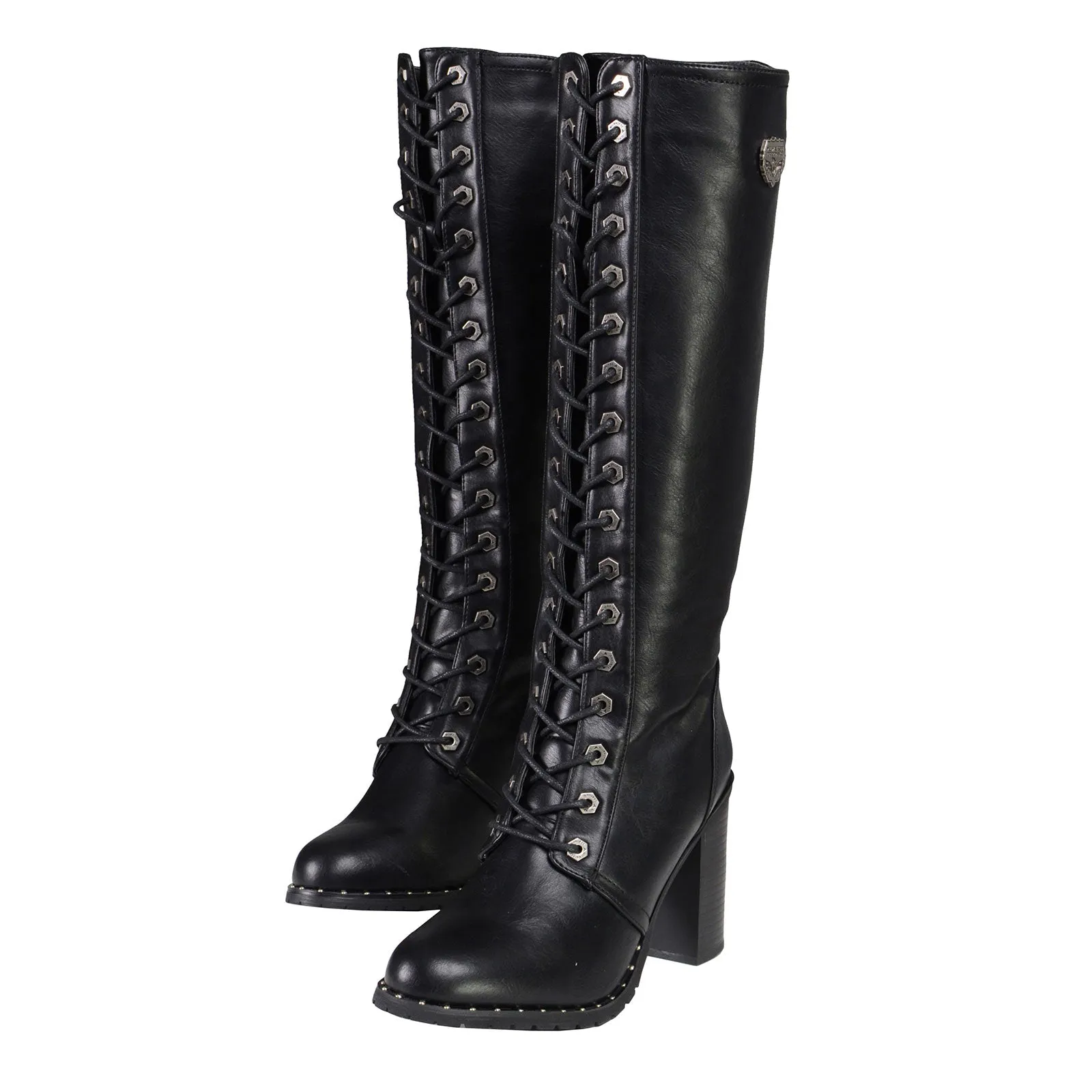 Milwaukee Leather X9442 Women's Black Lace-Up Tall Fashion Biker Boots with High Heel & Studs