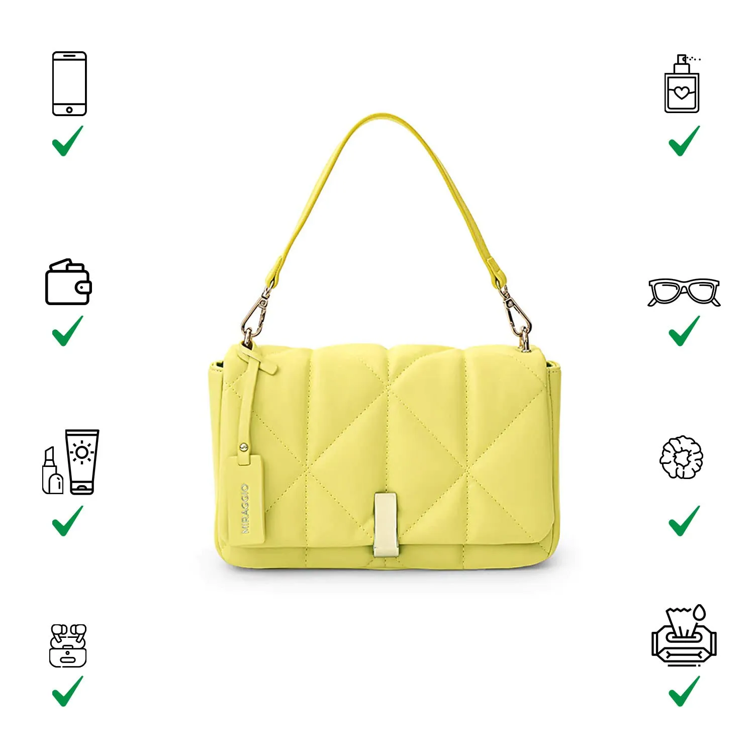 Miraggio Genevieve Quilted Crossbody Bag for Women with Detachable Sling Strap & Top Handle (Lemon Yellow)