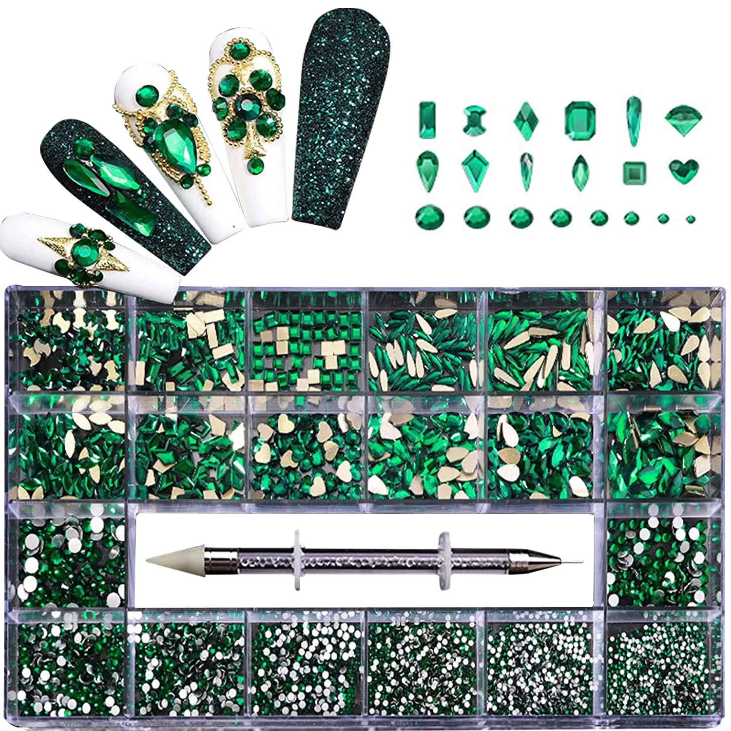 Nail Art Rhinestones Kit, Multi Shapes AB Rhinestones for Nails, 21 Grids Flatback Glass Nail Gems Stones Set 3D Crystals for Nails Diamond Art DIY Crafts Accessories