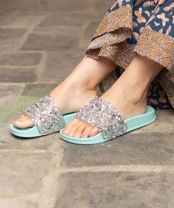 Open Toe Glitter Sliders