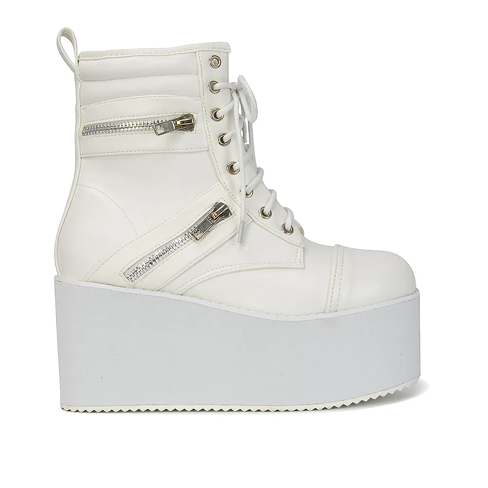 Ophelia Lace up Wedge Heeled Platform Ankle Boots in White Synthetic Leather