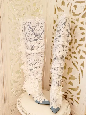 "MAGNOLIA" Denim & White Lace Over The Knee Boots