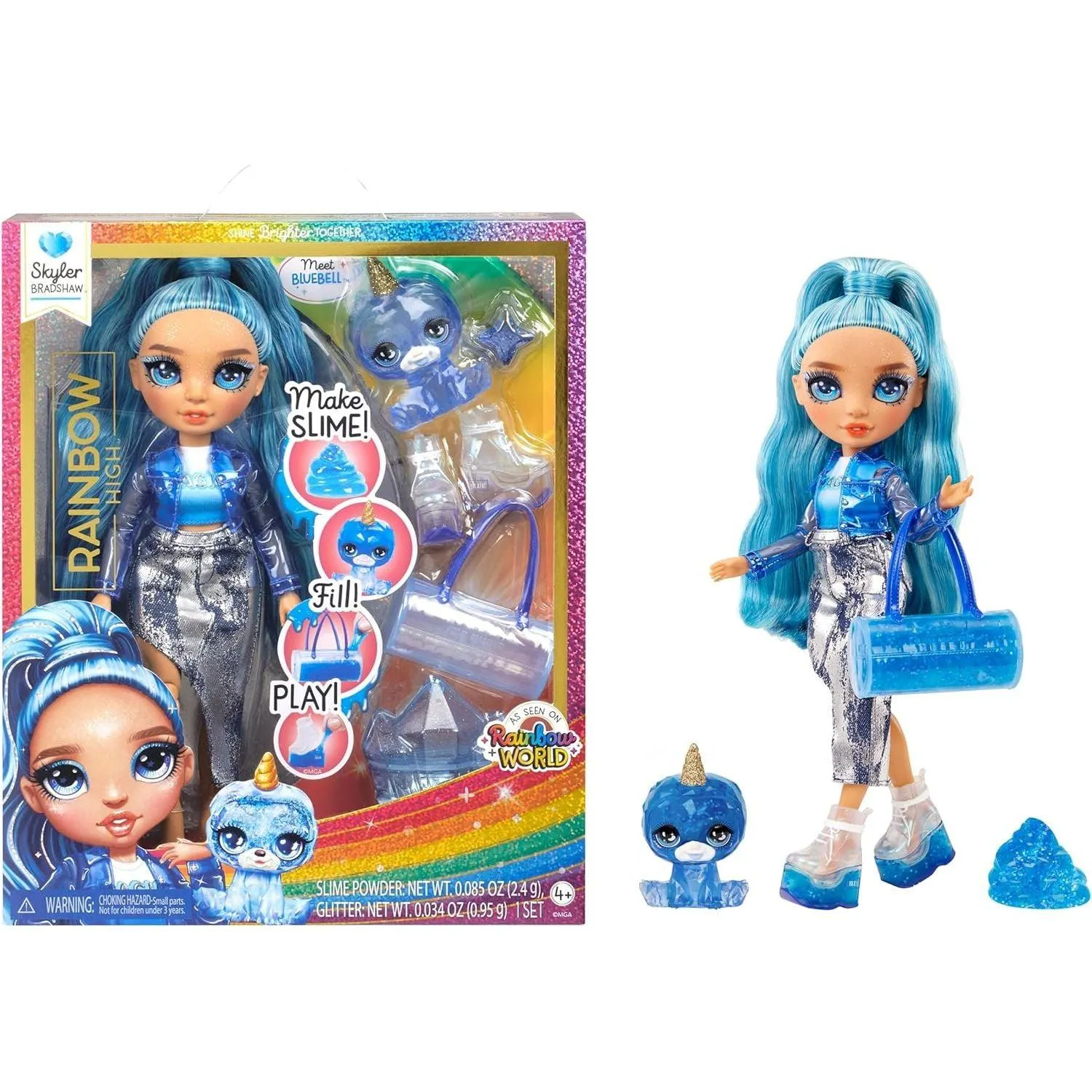 Rainbow High Skyler, Blue with Slime Kit & Pet, 11" Shimmer Posable Fashion Doll with DIY Sparkle Slime, Magical Yeti Pet