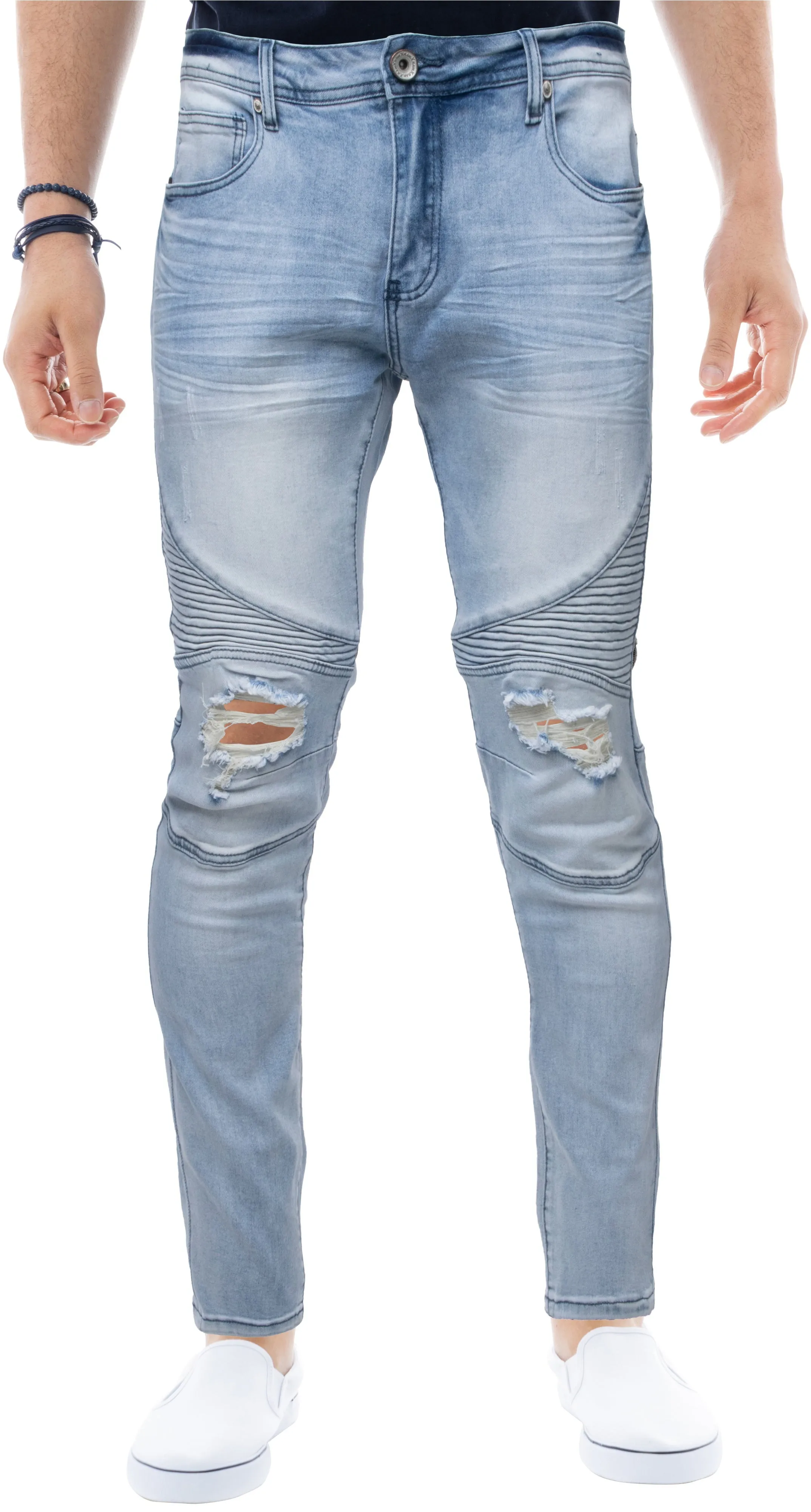 RAW X Men's Skinny Fit Ripped Knee Moto Biker Denim Pants