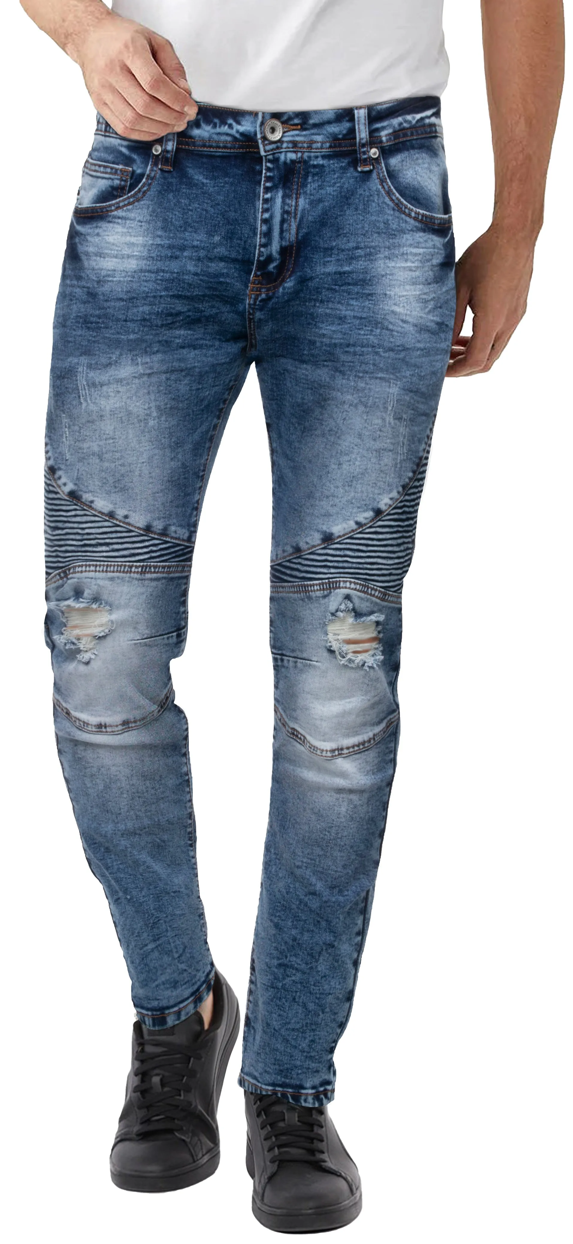 RAW X Men's Skinny Fit Ripped Knee Moto Biker Denim Pants