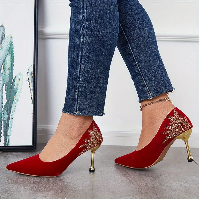 Rhinestone Pointed Toe Comfy Slip-on Stiletto Heels