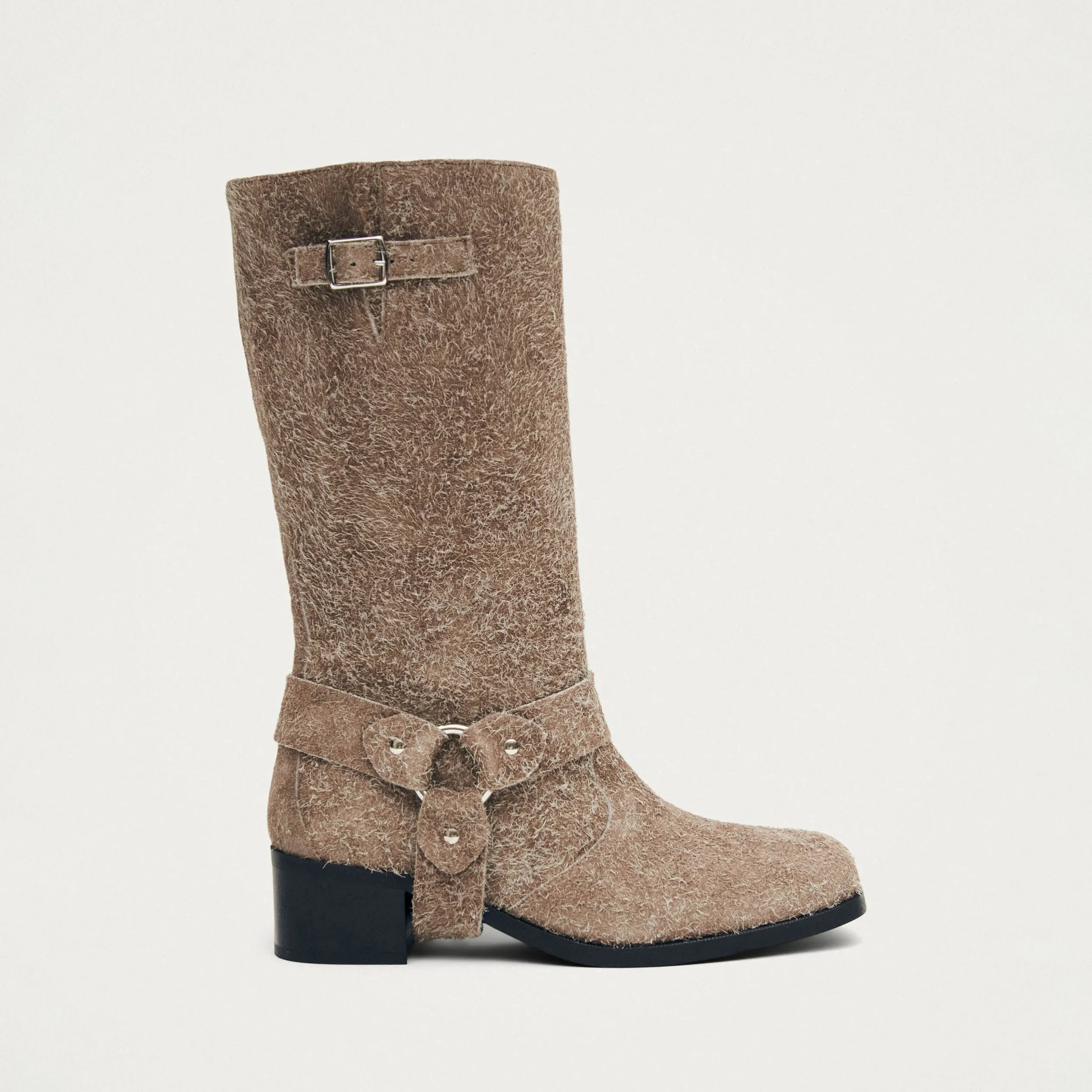 Rocky Suede Fuzzy Beige Leather Boots