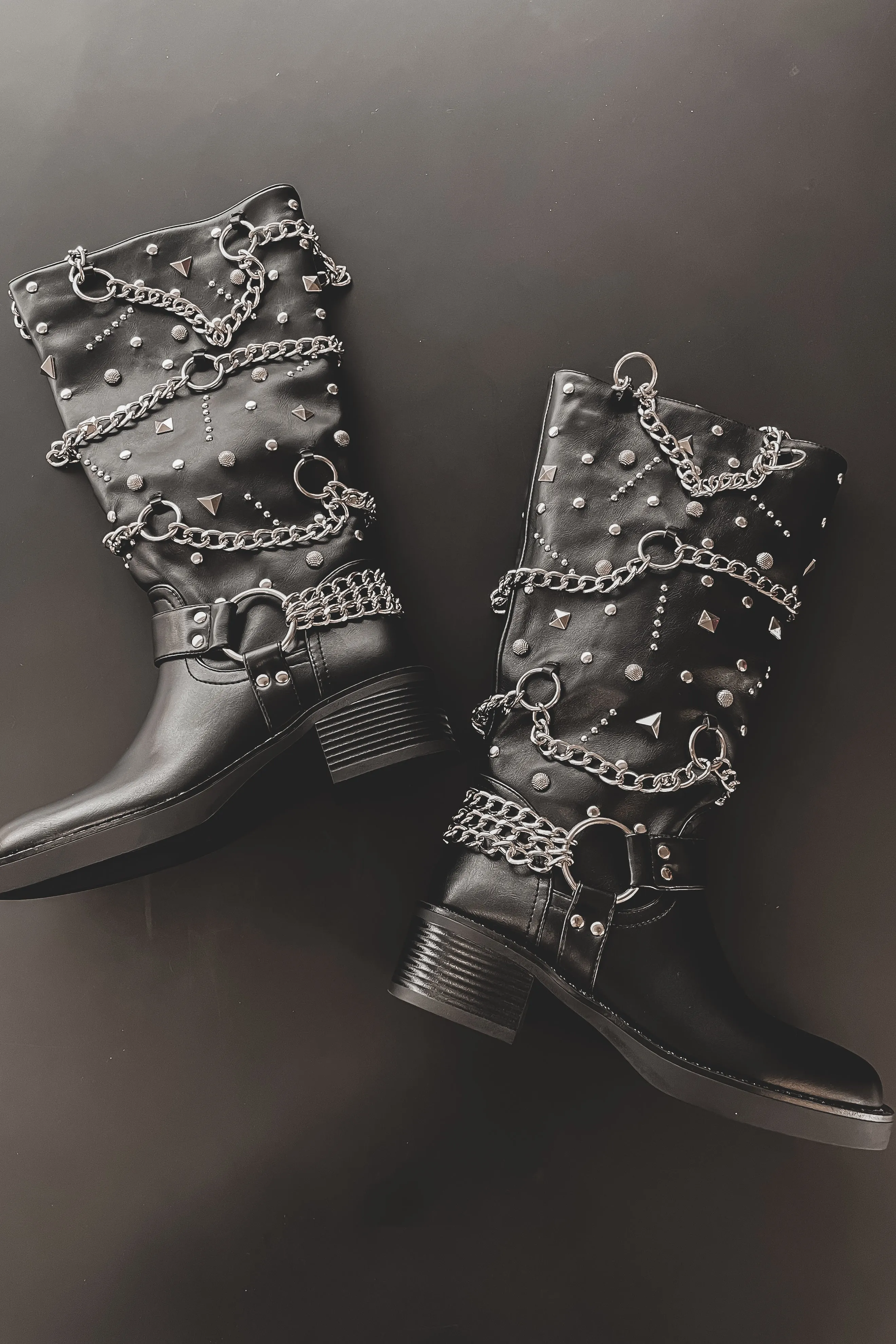 Say Wow Silver Chain Black Combat Boot